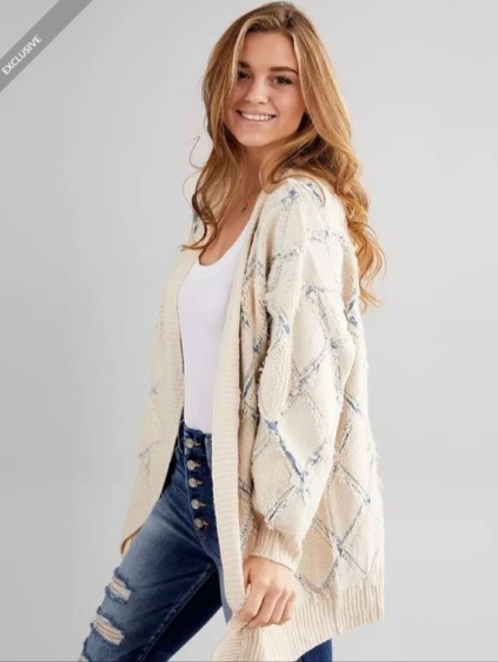 Gilded Intent Pulled Stitched Blue Cream Balloon Sleeved  Cardigan Sweater